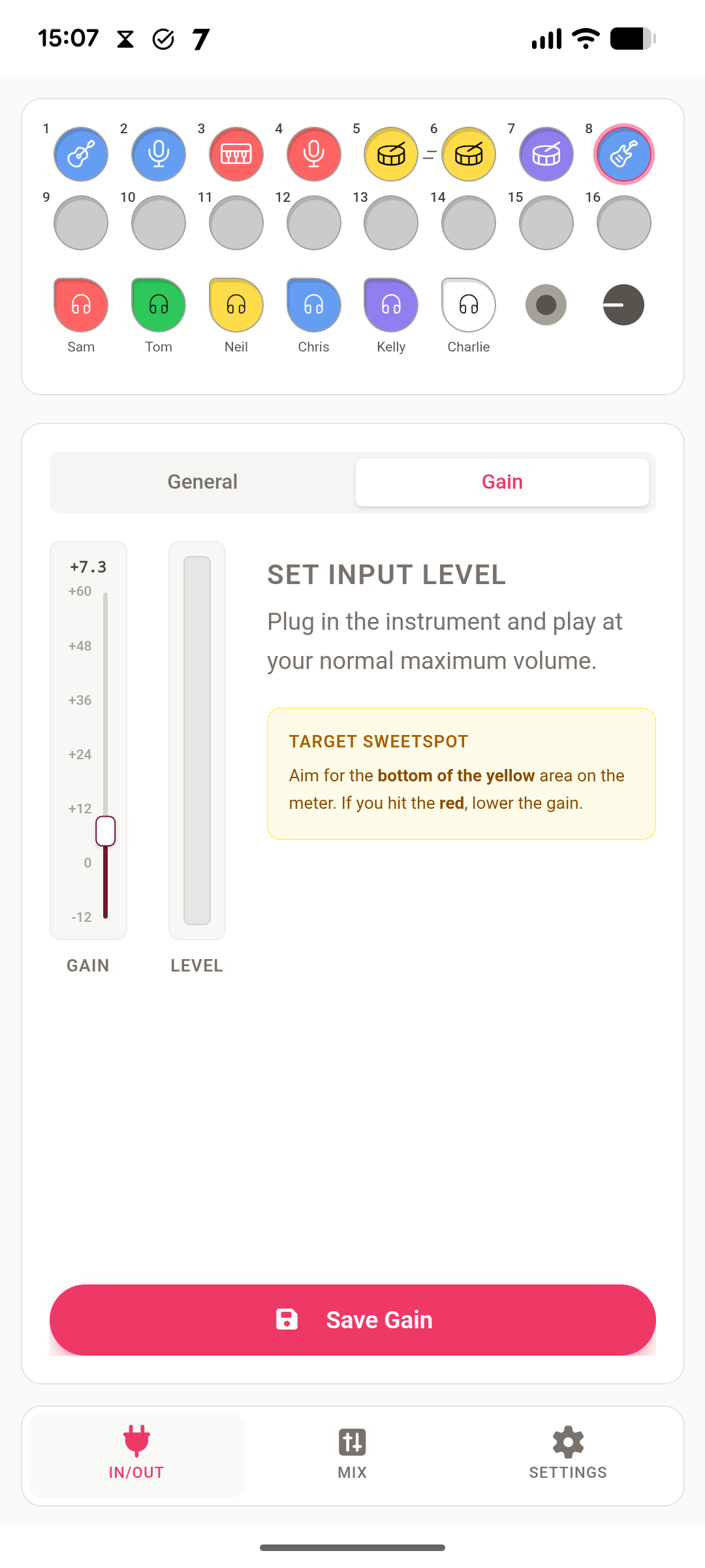 Eggbox IN/OUT setup screen